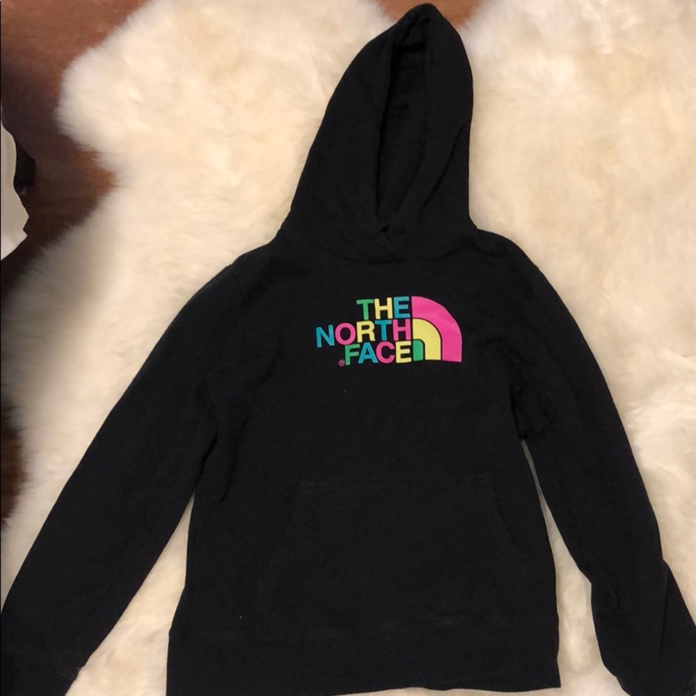 Black north face hoodie with rainbow lettering